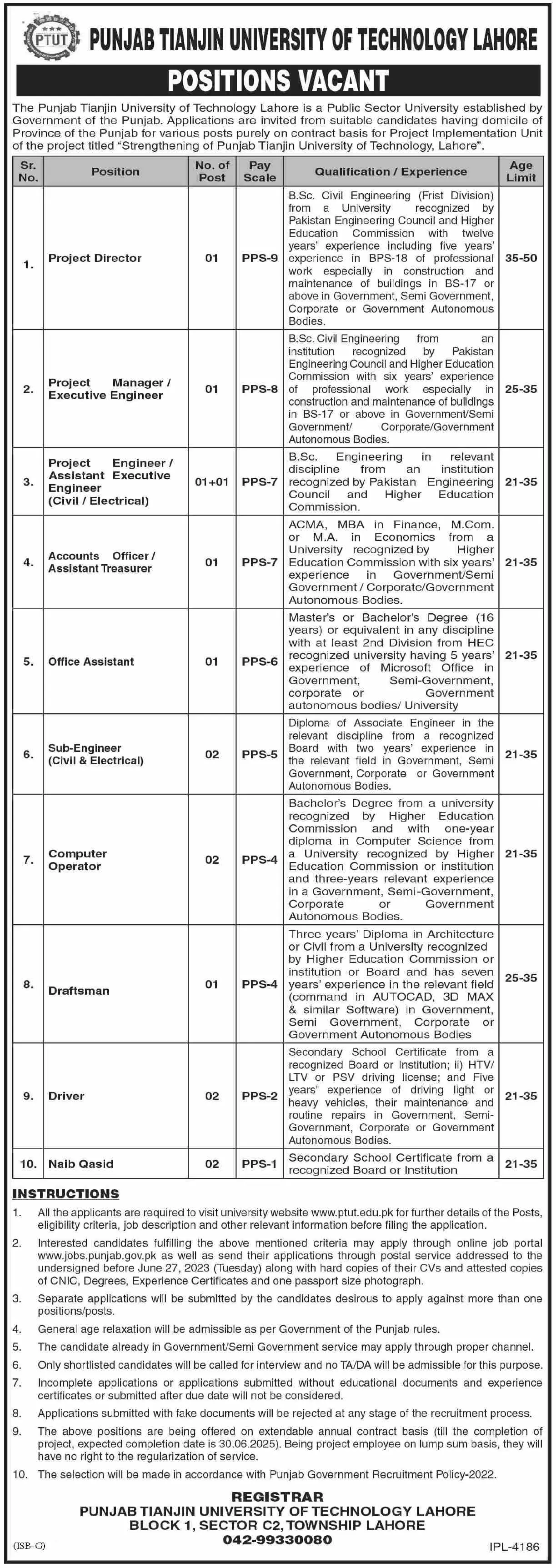 Punjab Tianjin University of Technology Lahore Jobs 2023 Jobs 2023 — original advertisement