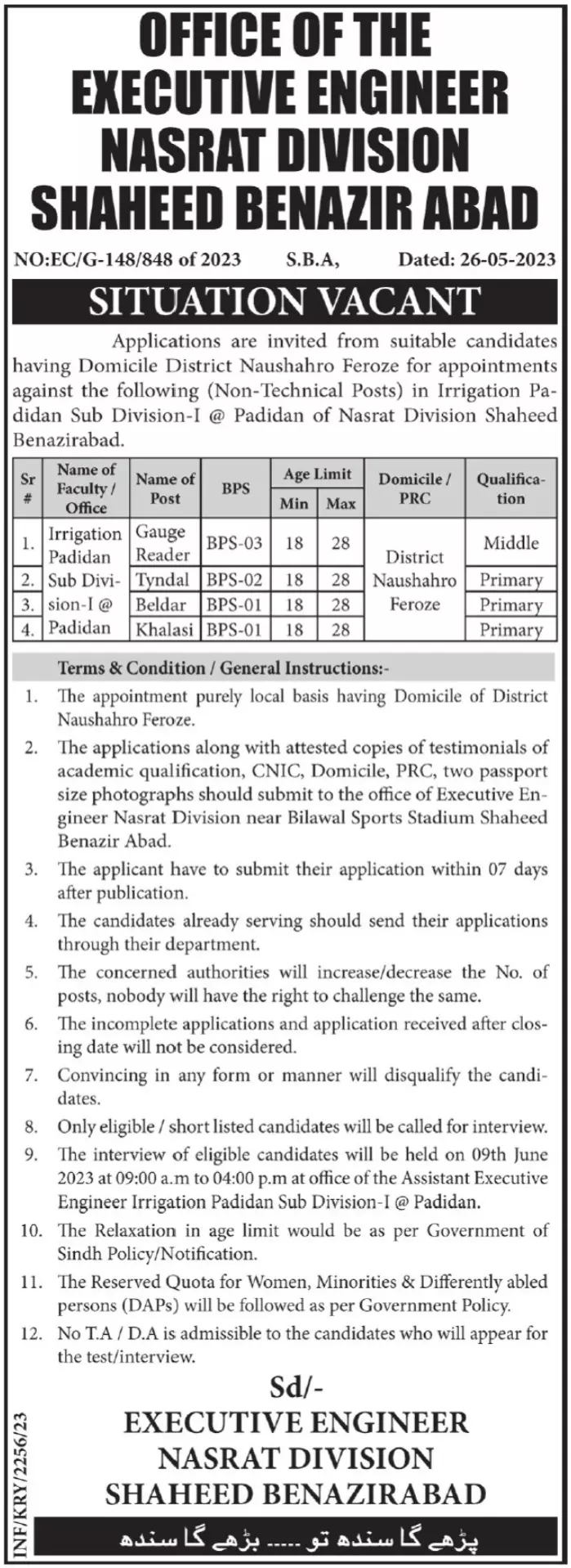 Irrigation Department Nasrat Division Jobs 2023 – Irrigation Department Sindh Jobs 2023 — original advertisement