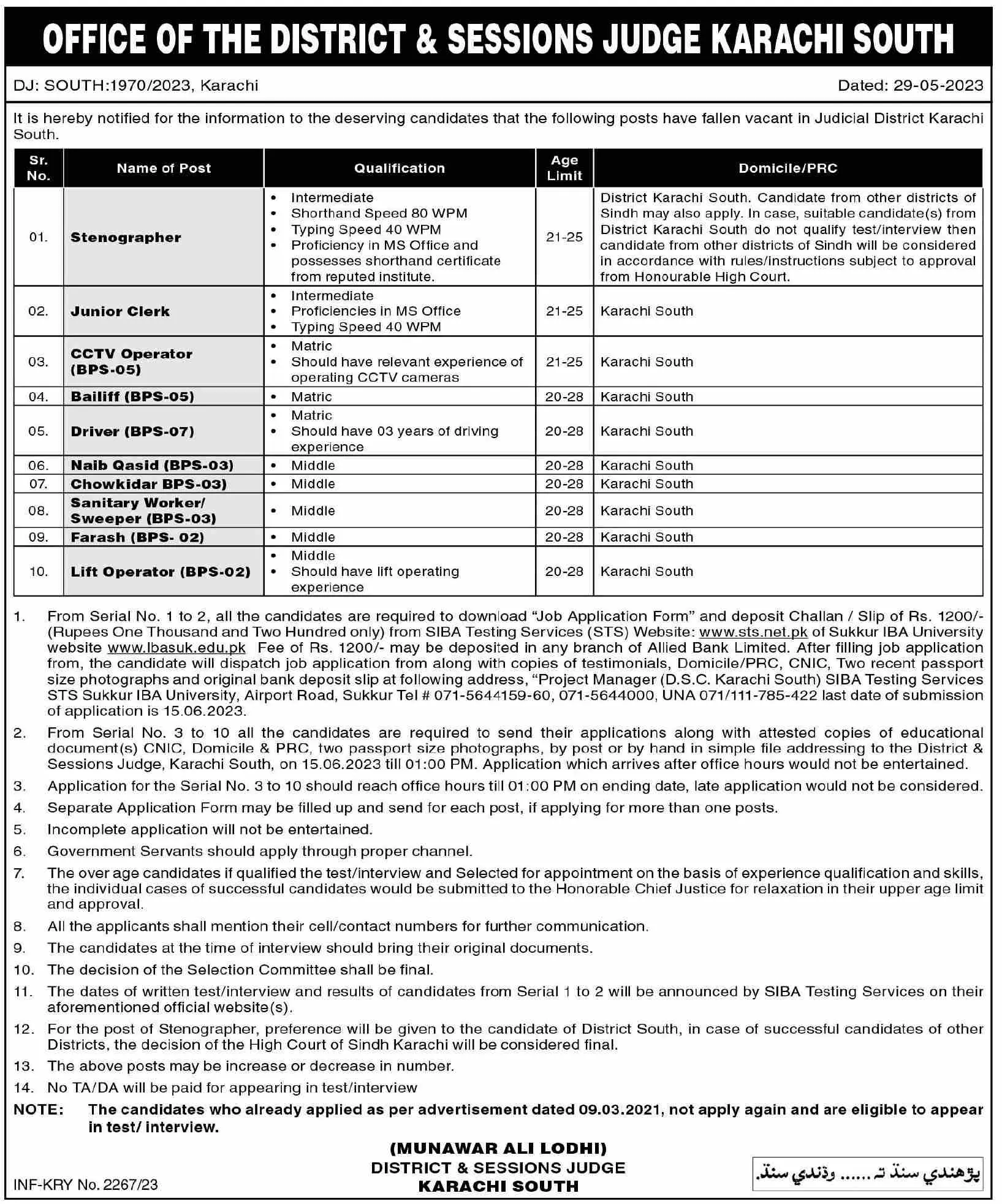 District & Session Judge Karachi Jobs 2023 Jobs 2023 — original advertisement