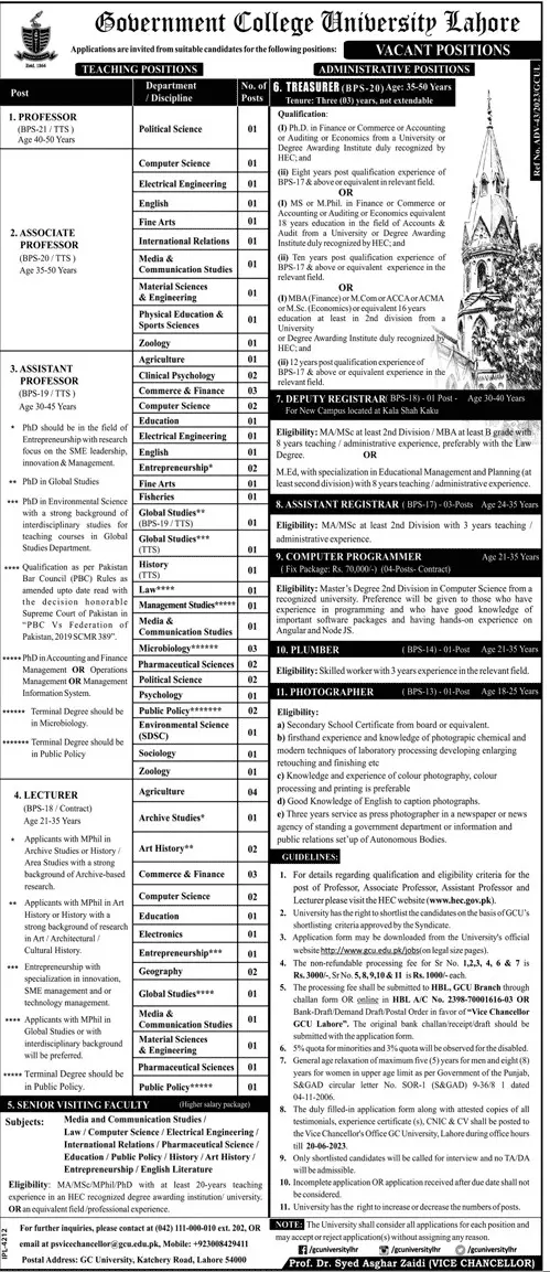 Government College University Lahore Jobs 2023 Jobs 2023 — original advertisement