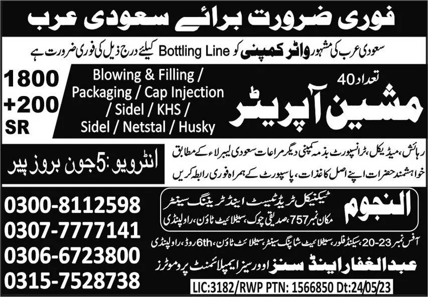 Machine Operator & Blowing Machine Operator Jobs 2023 – Abdul Ghaffar & Sons Jobs 2023 — original advertisement