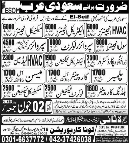 Electrical Technician & Civil Engineer Jobs 2023 In KSA – Lasani Trade Test & Technical Training Center Jobs 2023 — original advertisement