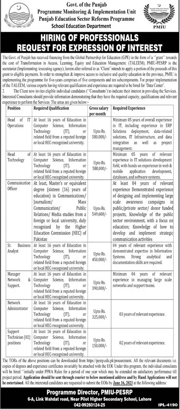 PMU GPE School Education Department Punjab Jobs 2023 Jobs 2023 — original advertisement