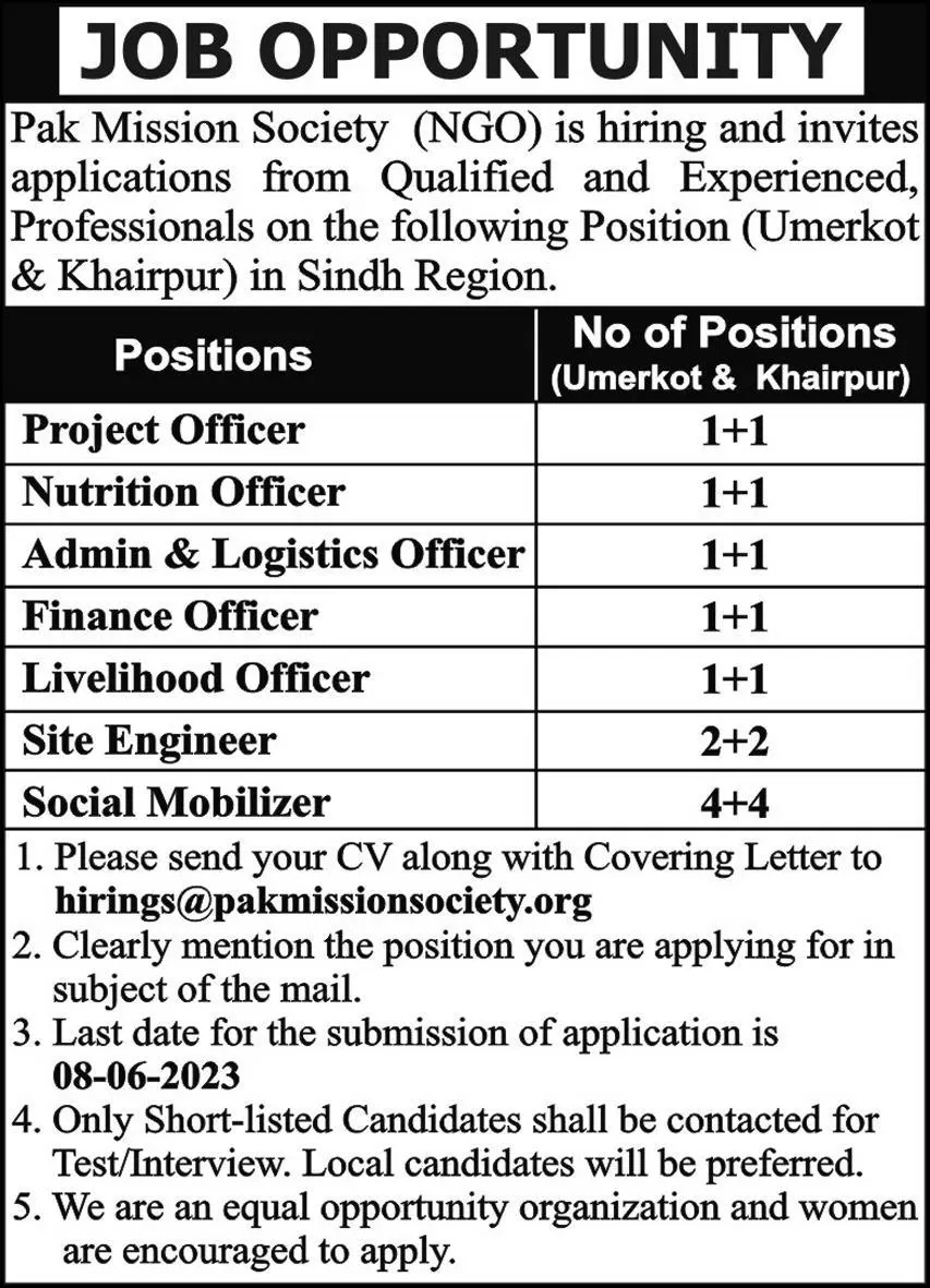 Pak Mission Society PMS NGO Umerkot Sindh Jobs 2023 – Public Sector Organization Jobs 2023 — original advertisement