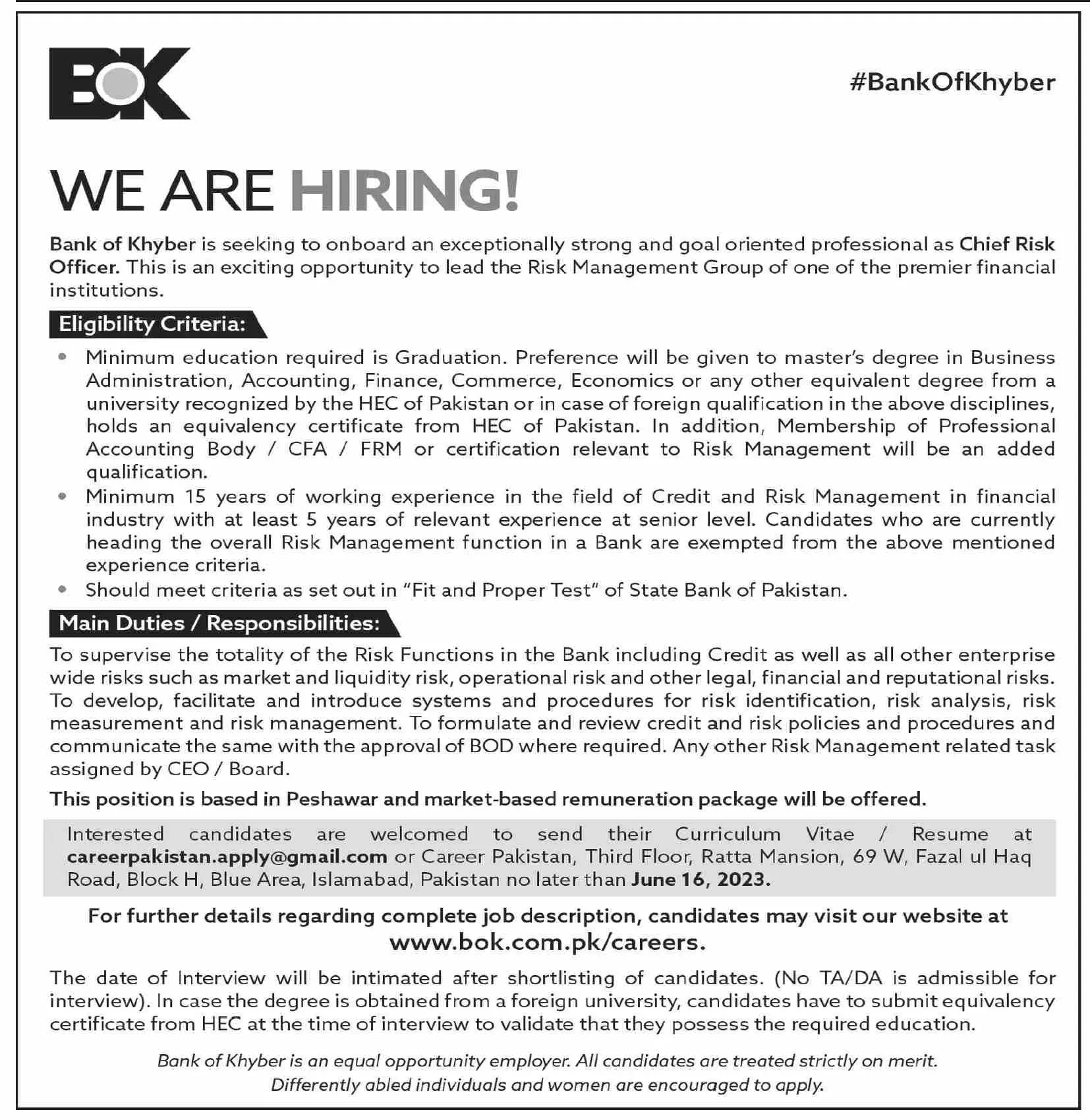 Bank of Khyber BOK Peshawar Jobs 2023 Jobs 2023 — original advertisement