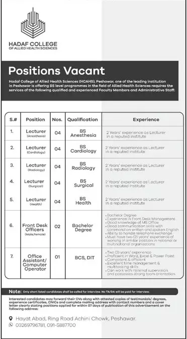 Hadaf College of Allied Health Sciences Peshawar Jobs 2023 Jobs 2023 — original advertisement