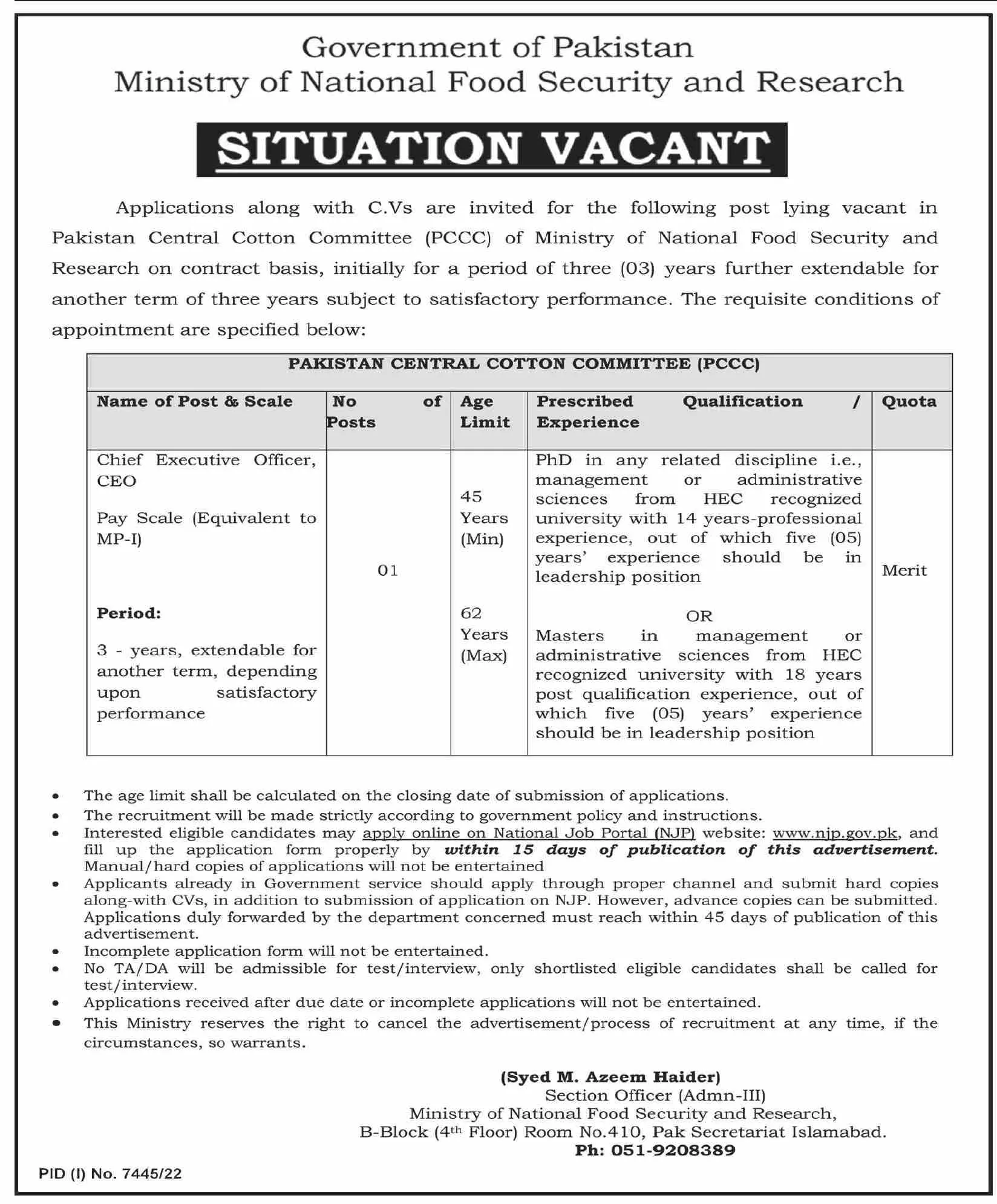 Ministry of National Food Security & Reseach Islamabad Jobs – Ministry of National Food Security & Research Jobs 2023 — original advertisement