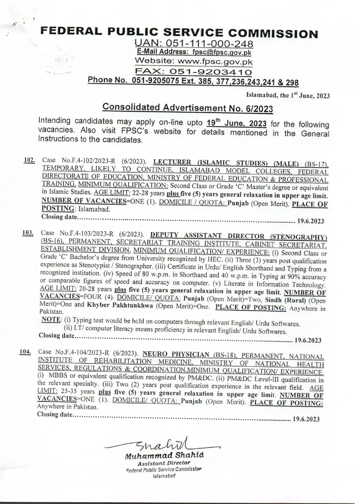 Federal Public Service Commission (FPSC) Jobs 06/2023 Jobs 2023 — original advertisement