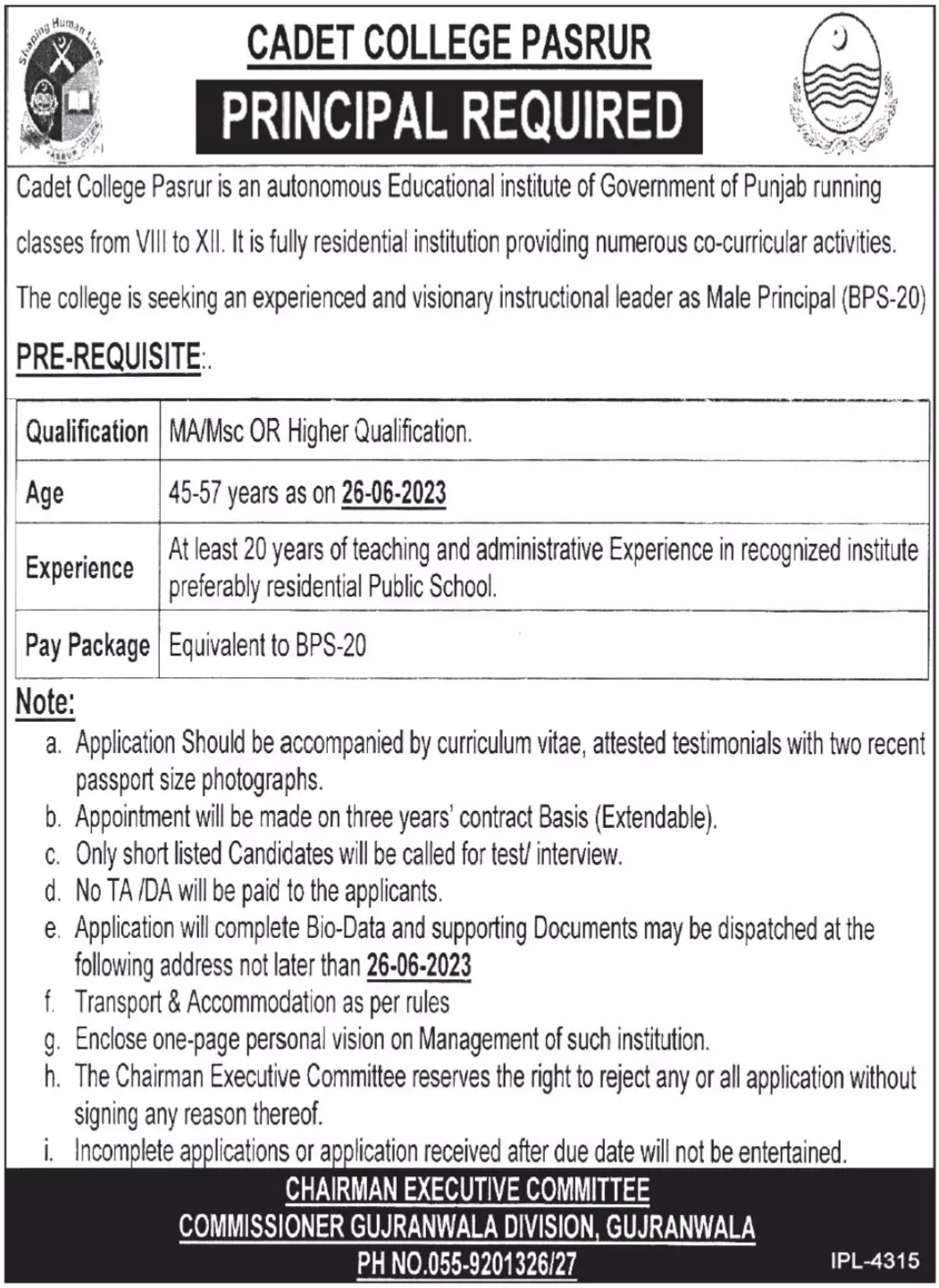 Cadet College Pasrur Gujranwala Jobs 2023 Jobs 2023 — original advertisement