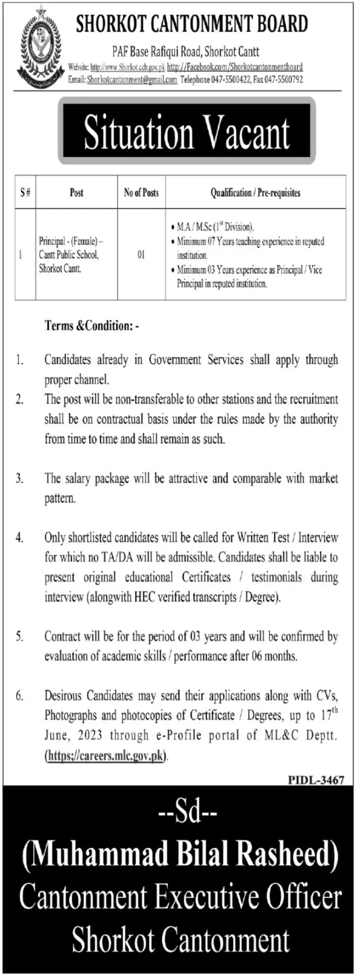 Cantonment Board Shorkot Punjab Jobs 2023 Jobs 2023 — original advertisement