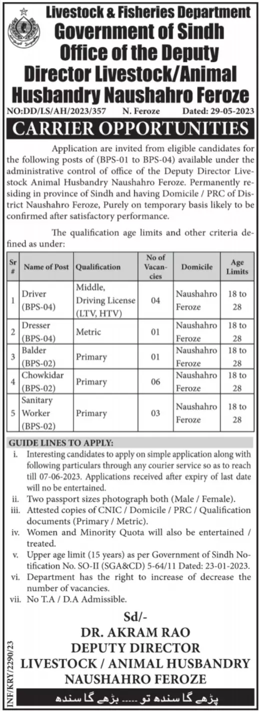 Animal Husbandry Naushahro Feroze Jobs 2023 – Livestock and Fisheries Department Sindh Jobs 2023 — original advertisement