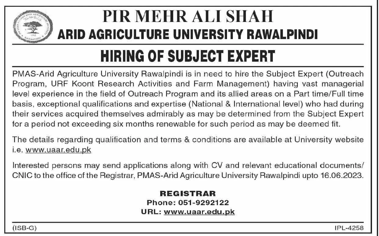 PMAS Arid Agriculture University Rawalpindi Jobs 2023 – Pir Mehr Ali Shah Arid Agriculture University Rawalpinid Jobs 2023 — original advertisement