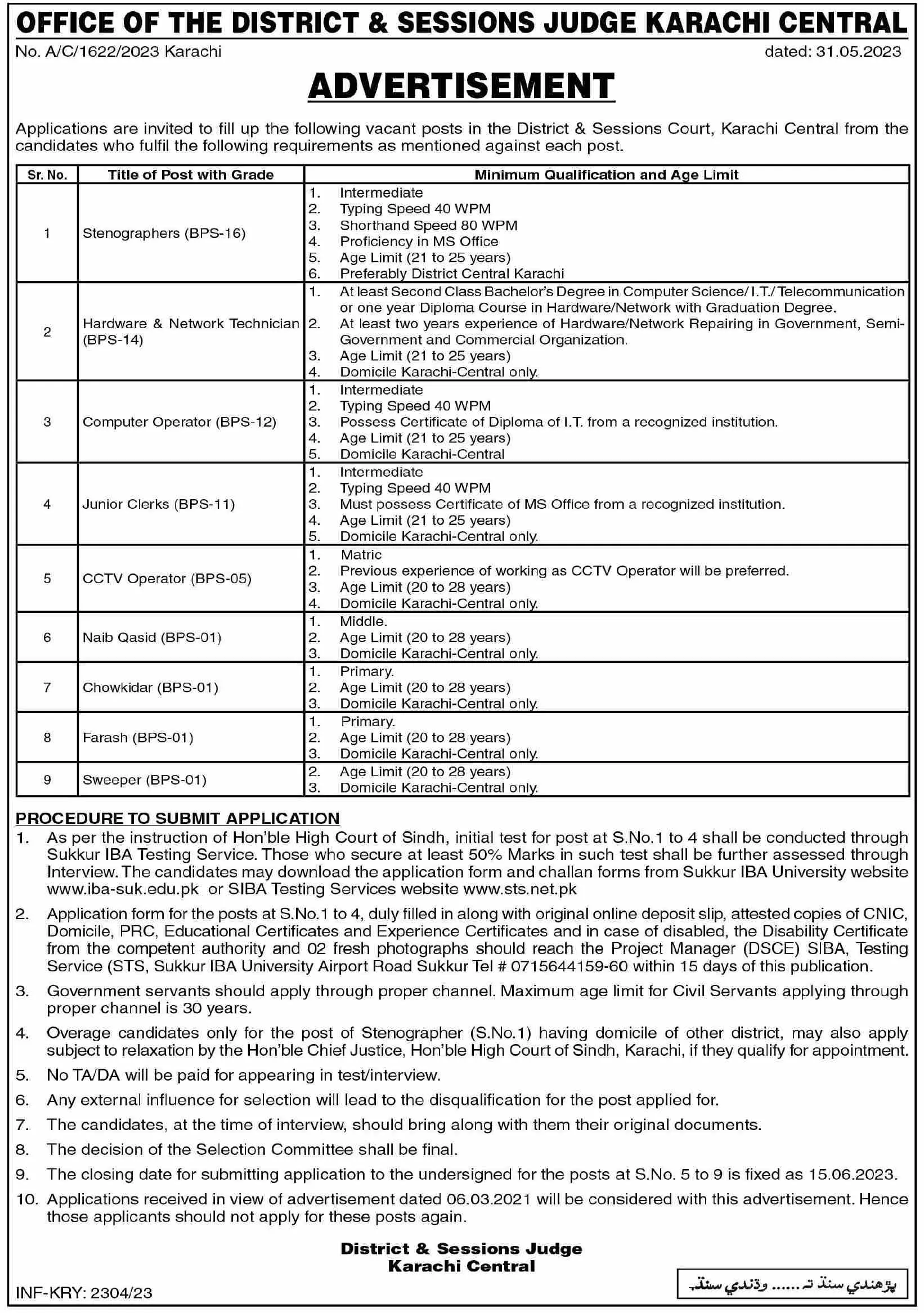 District & Session Judge Karachi Sindh Jobs 2023 Jobs 2023 — original advertisement