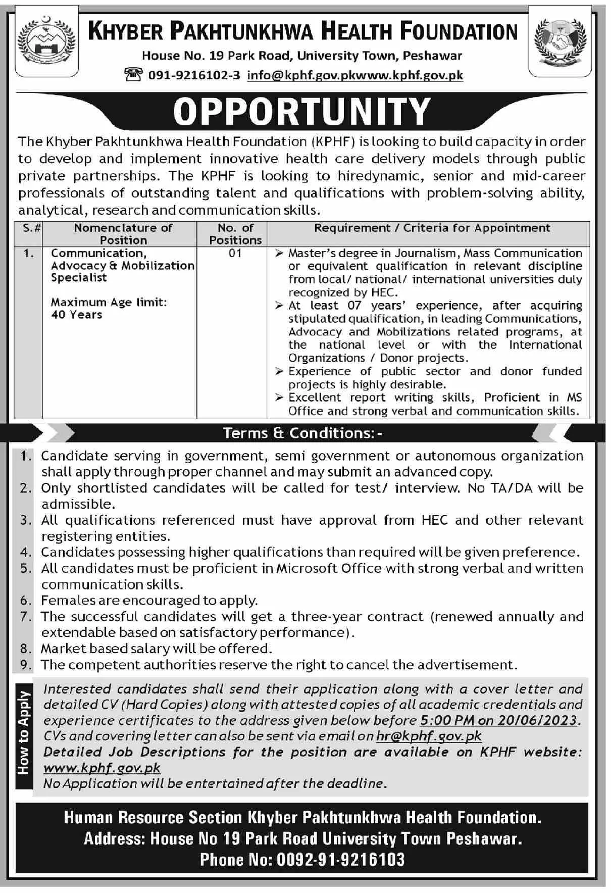 Khyber Pakhtunkhwa Health Foundation Peshawar Jobs 2023 – Health Department KPK Jobs 2023 — original advertisement