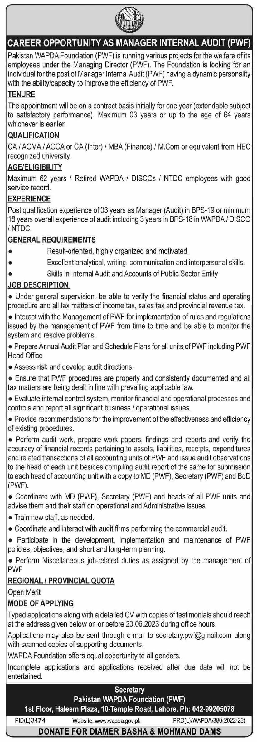 Pakistan Wapda Foundation Lahore Jobs 2023 – Water and Power Development Authority Jobs 2023 — original advertisement