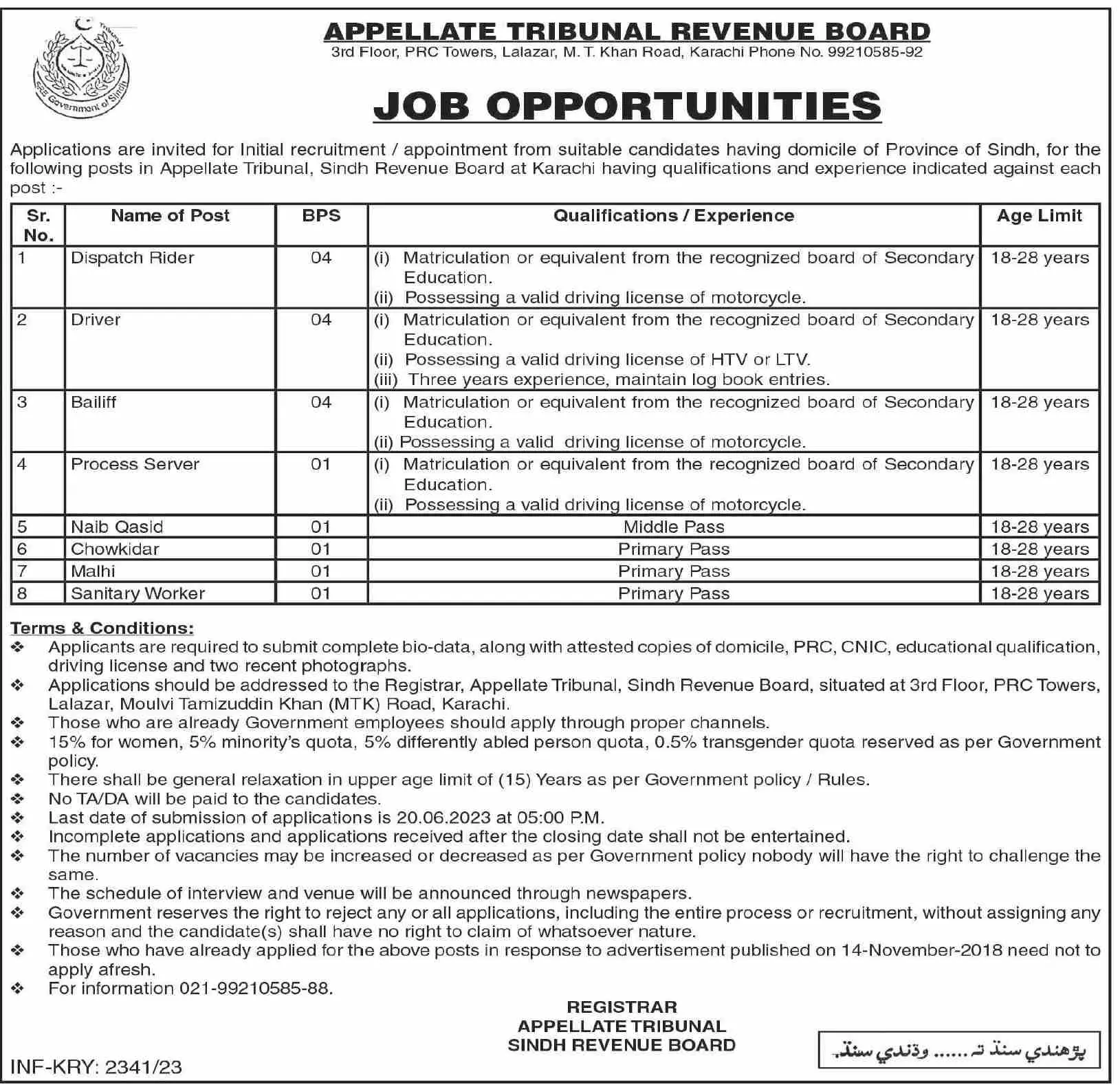 Appellate Tribunal Revenue Board Karachi Jobs 2023 Jobs 2023 — original advertisement