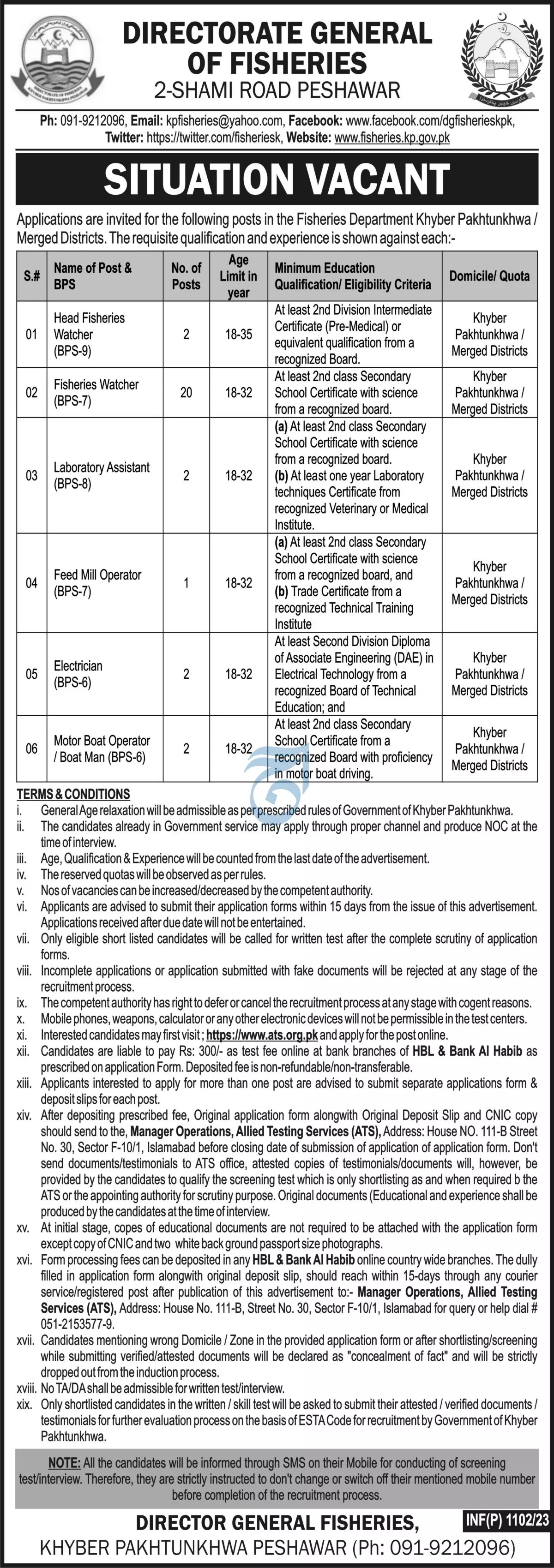 Directorate General Of Fisheries Peshawar Jobs 2023 – Fisheries Department KPK Jobs 2023 — original advertisement