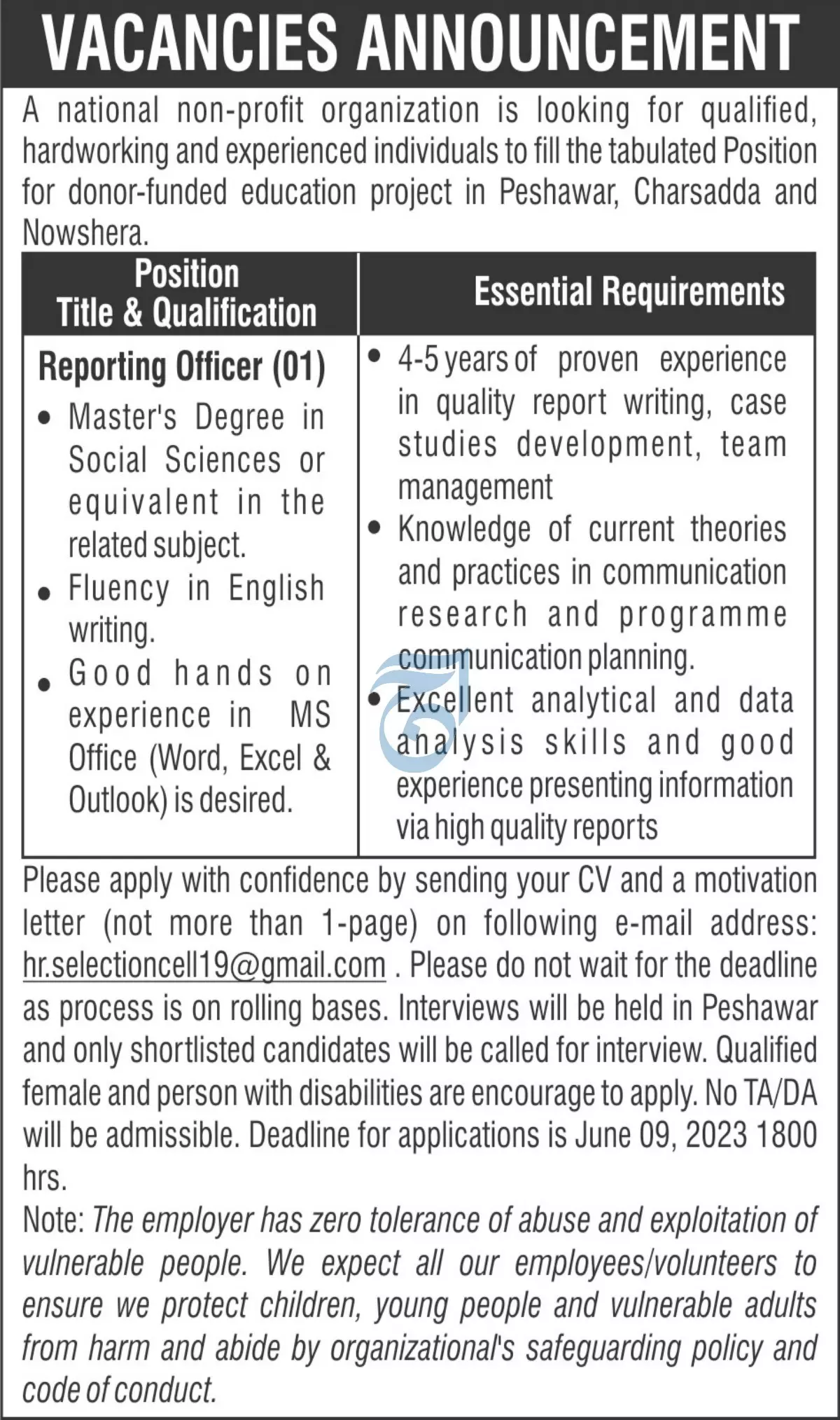 Donor Funded Education Project Peshawar Job 2023 – Public Sector Organization Jobs 2023 — original advertisement