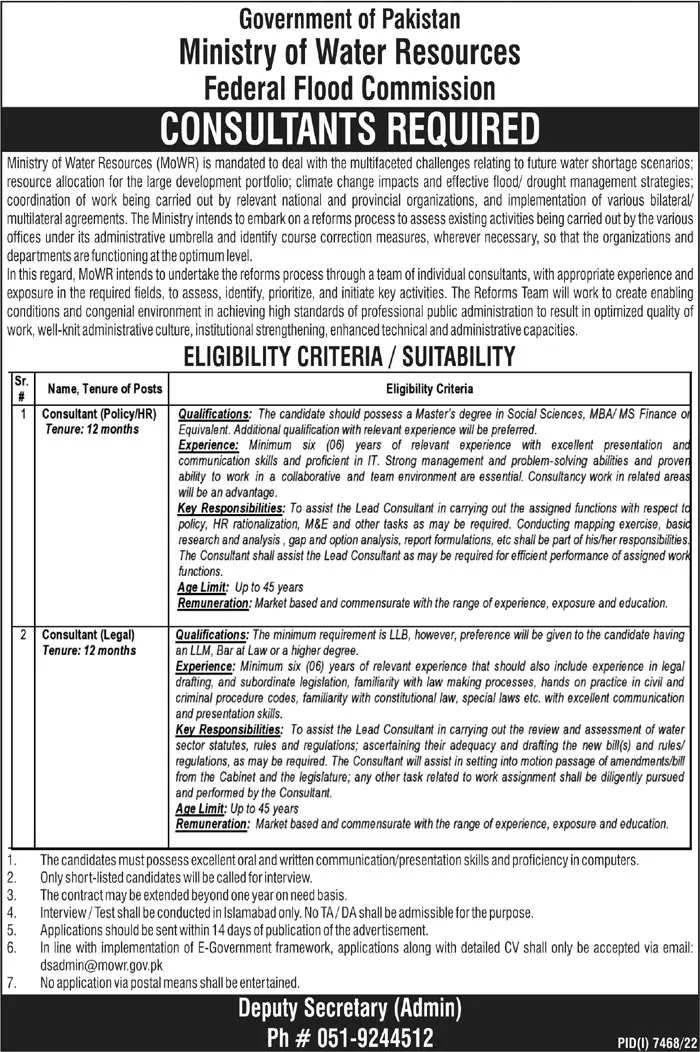Ministry Of Water Resources MOWR Islamabad Jobs 2023 – Ministry of Water Resources Islamabad Jobs 2023 — original advertisement