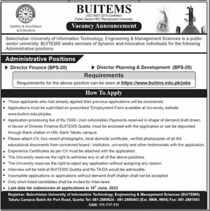 Balochistan University of Information Technology Jobs 2023 – Balochistan University of Information Technology & Management Science Quetta Jobs 2023 — original advertisement
