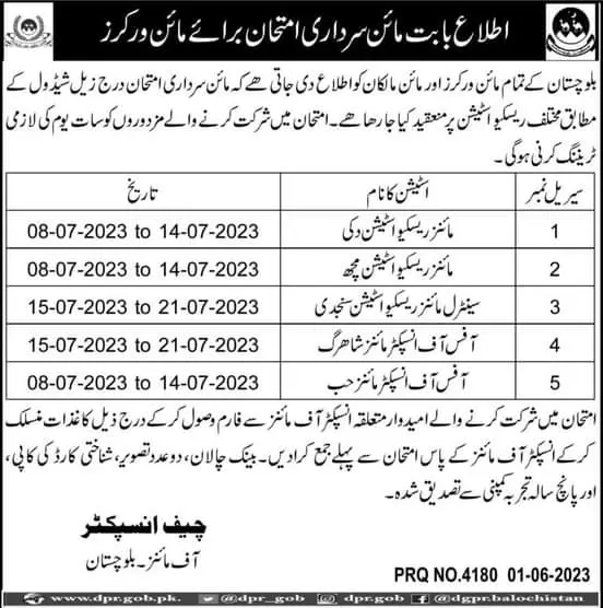 Mine Workers Balochistan Test 2023 – Mines and Minerals Department Balochistan Jobs 2023 — original advertisement