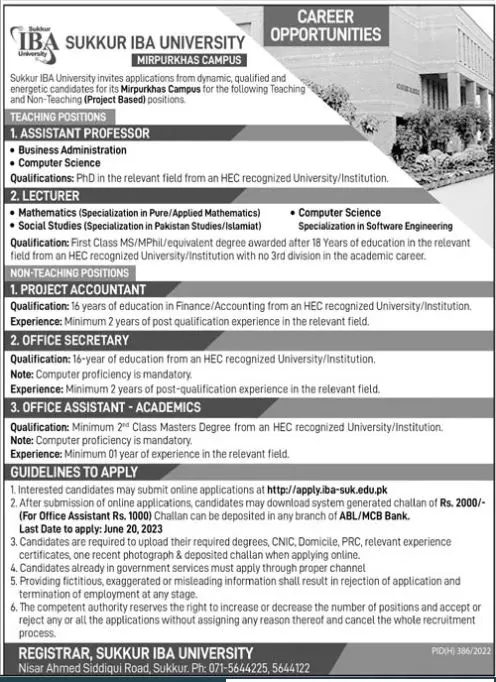 Sukkur IBA University sindh Jobs 2023 Jobs 2023 — original advertisement