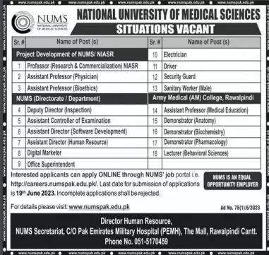 National University Of Medical Sciences NUMS Jobs 2023 – National University of Medical Science NUMS Jobs 2023 — original advertisement