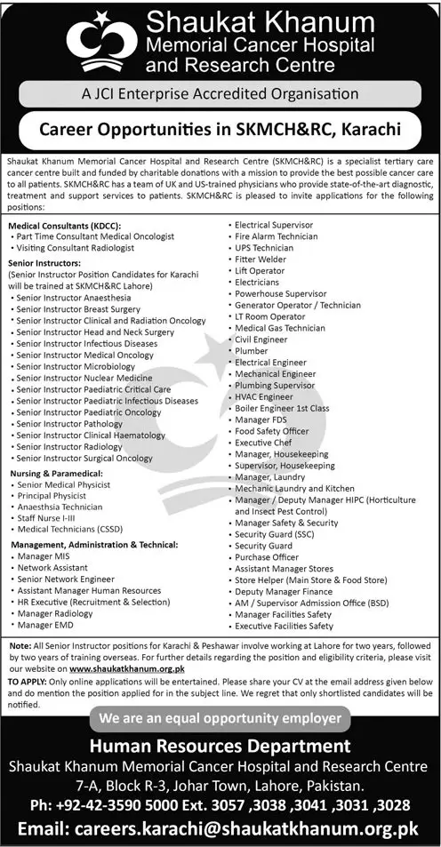 Shaukat Khanum Memorial Cancer Hospital Karachi Jobs 2023 – Shaukat Khanum Memorial Cancer Hospital and Research Centre Jobs 2023 — original advertisement