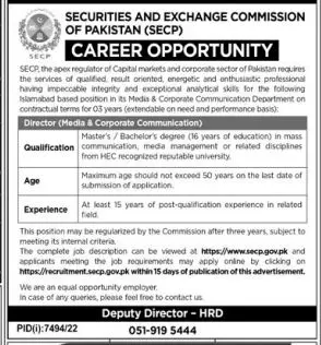Securities And Exchange Commission Islamabad Jobs – Securities & Exchange Commission of Pakistan Jobs 2023 — original advertisement
