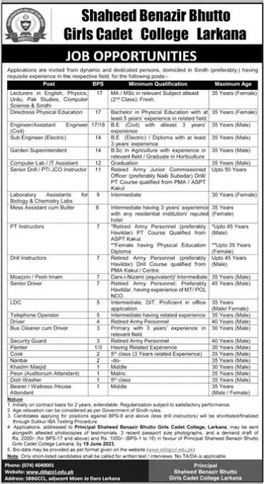 Shaheed Benazir Bhutto Girls Cadet College Larkana Jobs 2023 – Bakhtawar Cadet College for Girls Shaheed Benazir abad Jobs 2023 — original advertisement