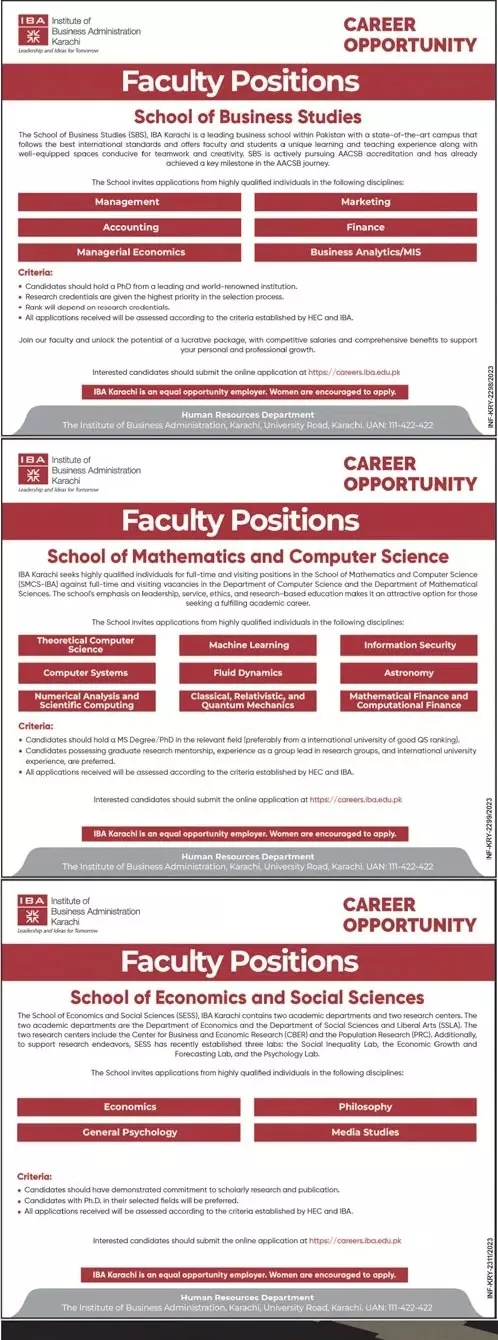Institute Of Business Administration IBA Faculty Jobs 2023 – IBA Karachi Jobs 2023 — original advertisement