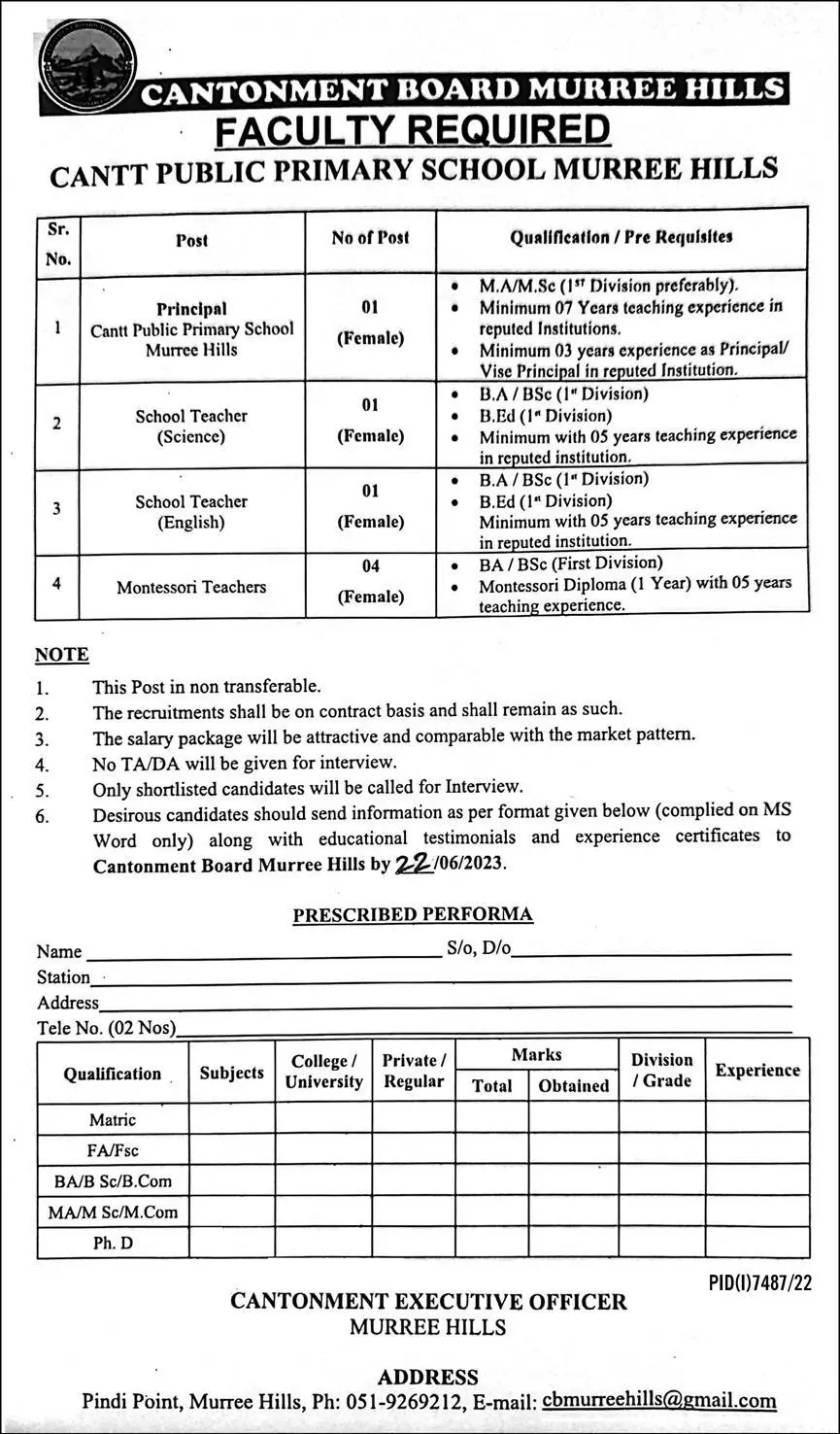 Cantt Public Primary School Murre Hills Jobs 2023 – Cantonment Board Jobs 2023 — original advertisement