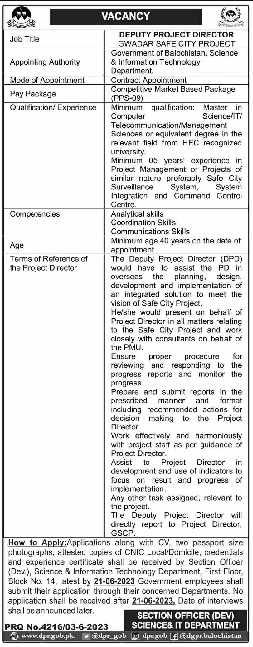 Gwadar Safe City Project Balochistan Jobs 2023 – Science and Information Technology Department Balochistan Jobs 2023 — original advertisement
