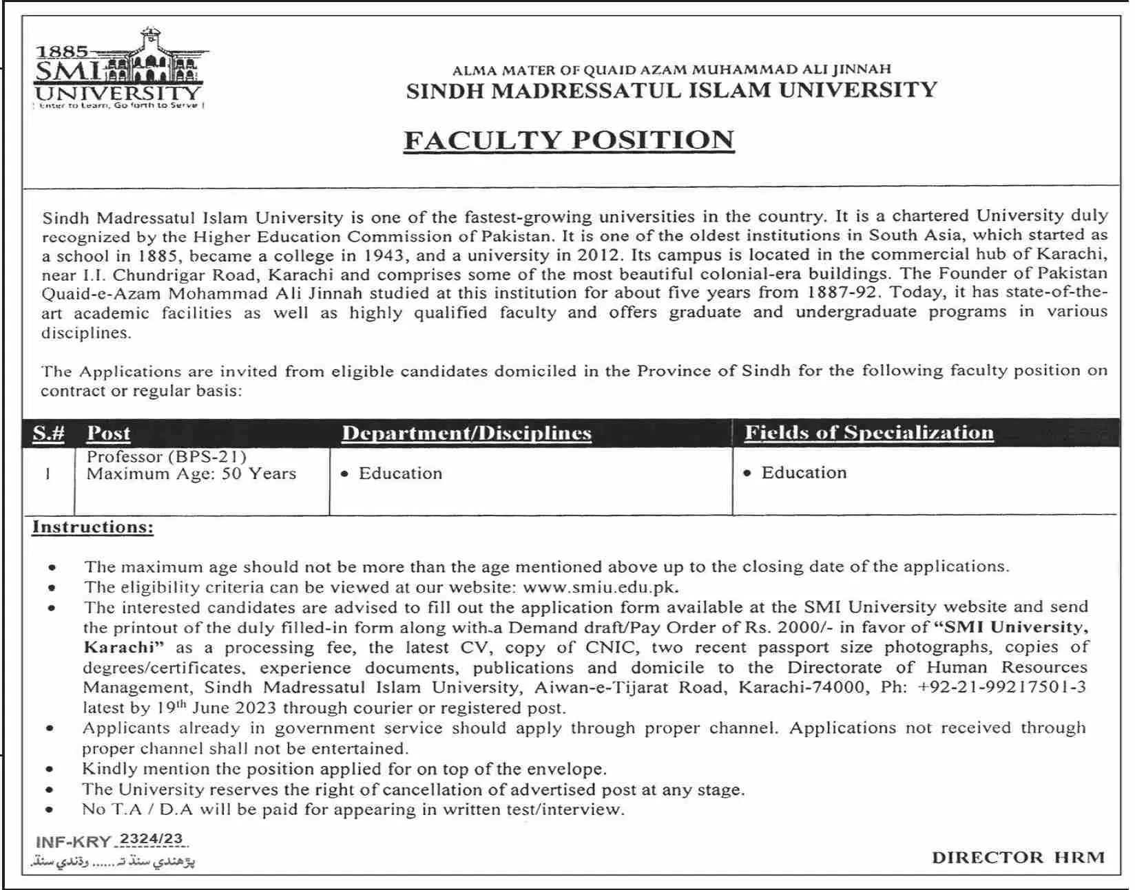 Sindh Madressatul Islam University Jobs 2023 – Sindh Madressatul Islam University Karachi Jobs 2023 — original advertisement
