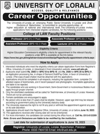 University of Loralai Balochistan Jobs 2023 Jobs 2023 — original advertisement