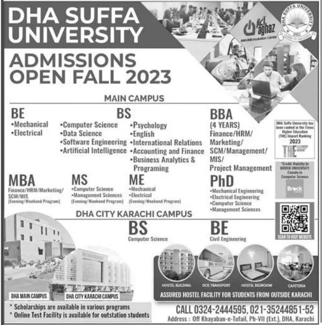 DHA Suffa University Karachi Admissions 2023 Admissions 2023 — original advertisement