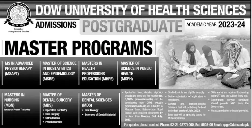 Dow University of Health Sciences Karachi Admissions 2023 Admissions 2023 — original advertisement