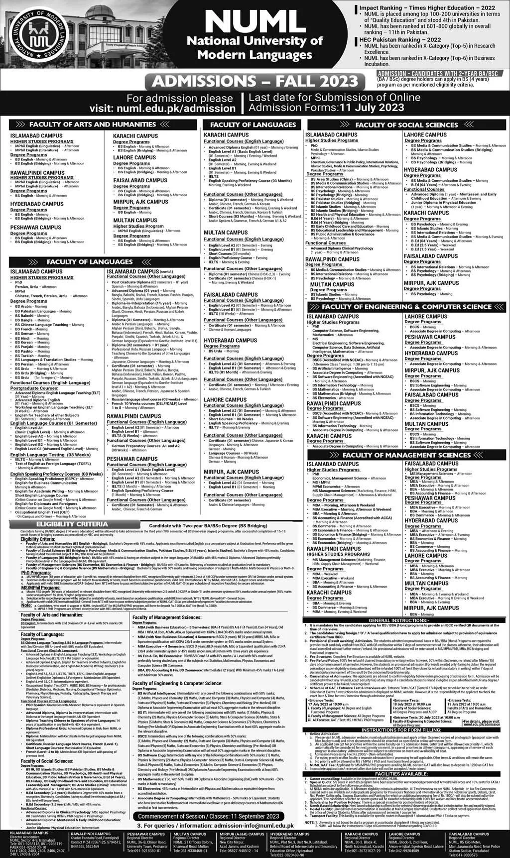 National University of Modern Languages Islamabad Admissions Admissions 2023 — original advertisement