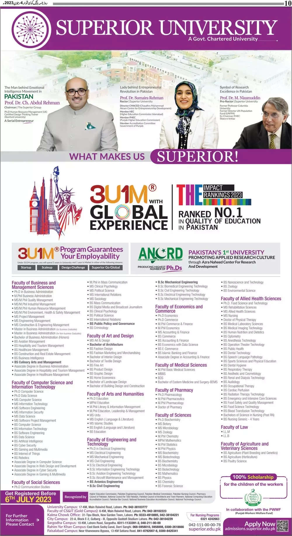 Superior University Admissions 2023 – Superior University Lahore Admissions 2023 — original advertisement