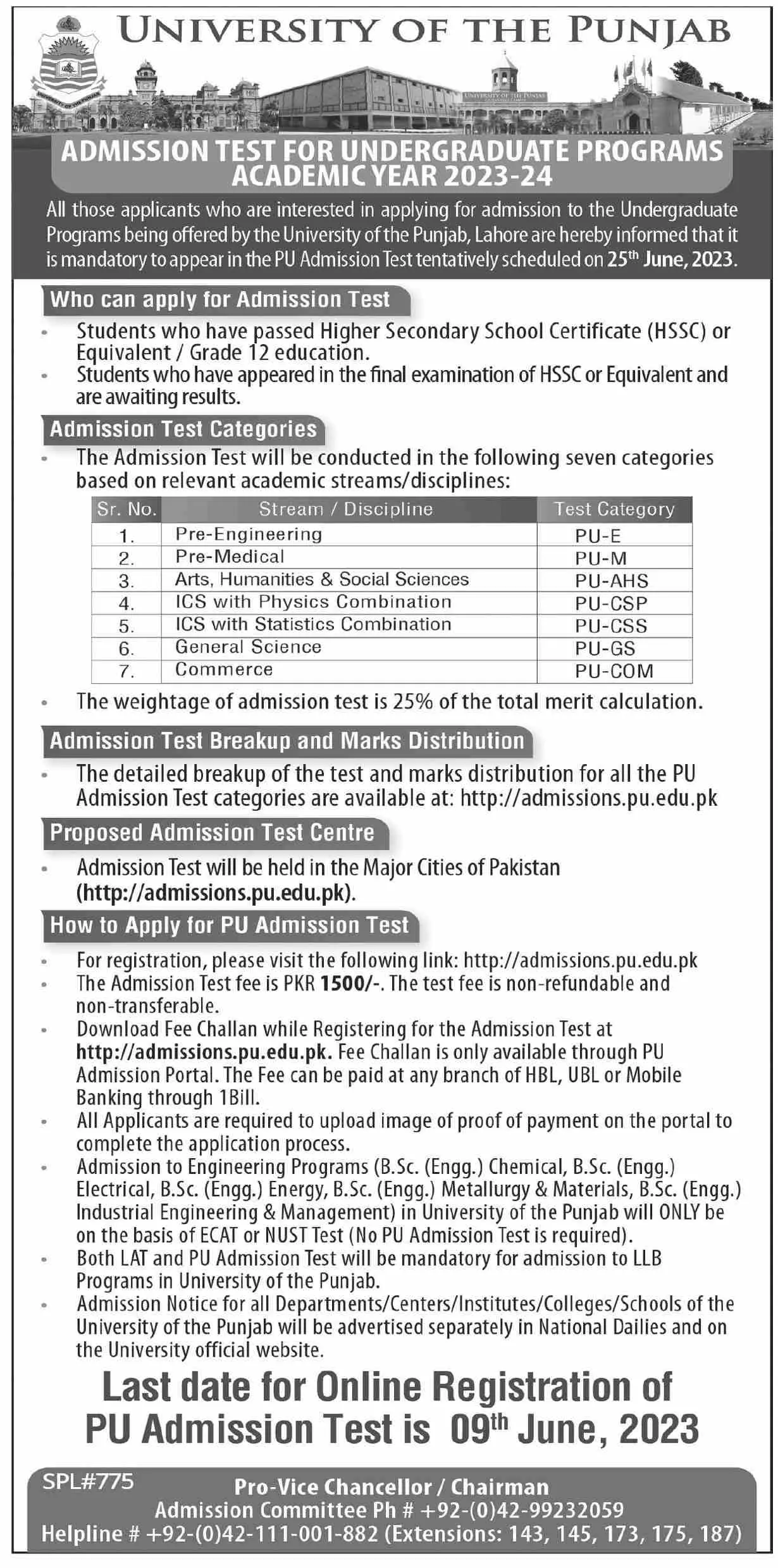 University of Punjab Admissions 2023 Admissions 2023 — original advertisement