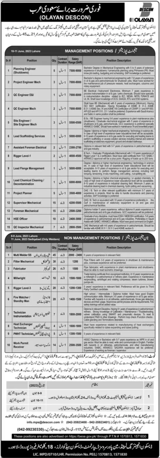 Descon Engineering Private Limited Management Jobs 2023 KSA – Descon Engineering Limited Jobs 2023 — original advertisement