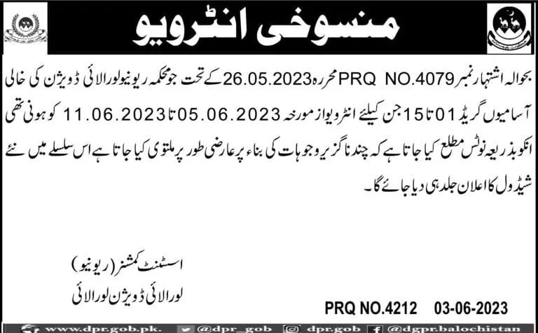 Cancel test interview Revenue Department Loralai Division – Revenue Department Balochistan Jobs 2023 — original advertisement