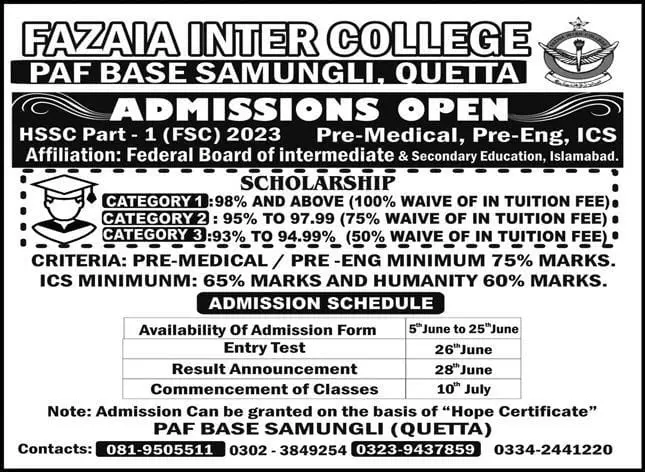 Fazaia Inter College Paf Base Quetta Admissions 2023 – Fazaia Schools & Colleges Admissions 2023 — original advertisement