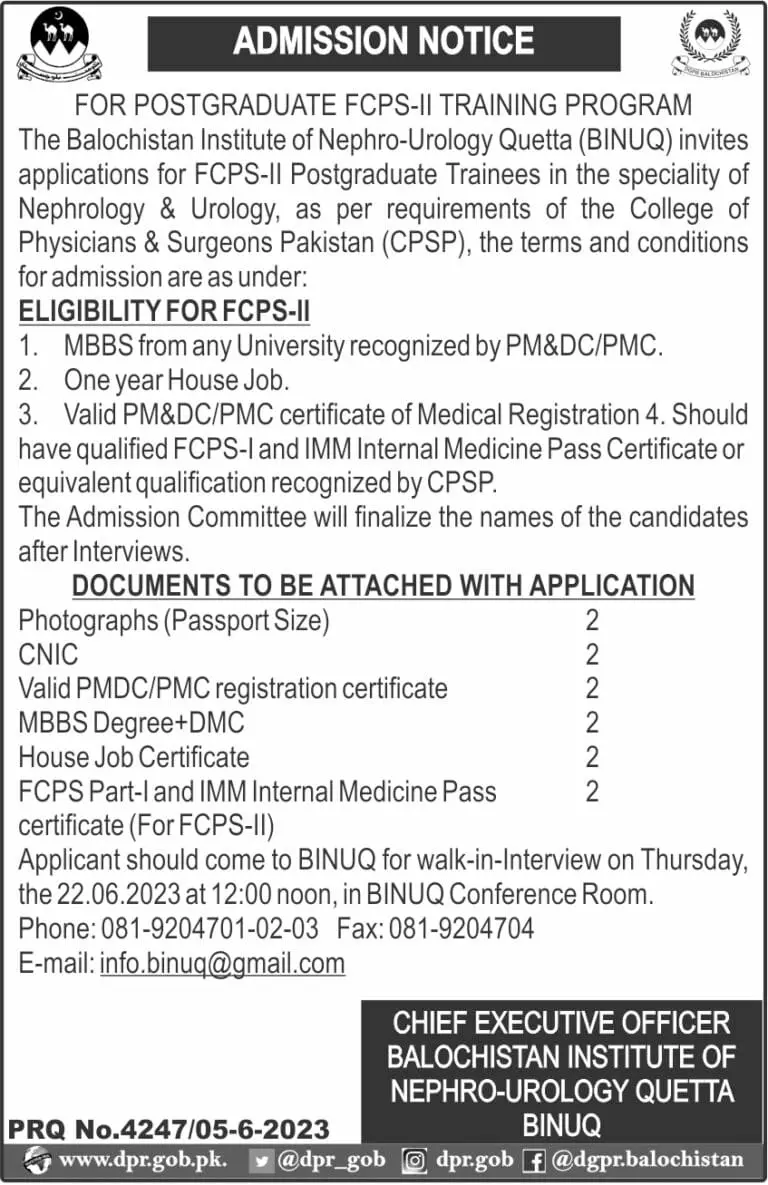 Balochistan Institute of Nephro Urology Quetta Admissions – Balochistan Institute of Nephrology Urology (BINUQ) Quetta Admissions 2023 — original advertisement