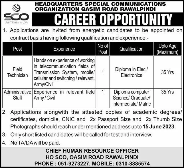 Headquarters Special Communication Organization Sco Jobs Jobs 2023 — original advertisement