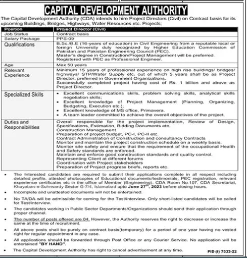Capital Development Authority CDA Islamabad Jobs 2023 – Capital Development Authority (CDA) Islamabad Jobs 2023 — original advertisement