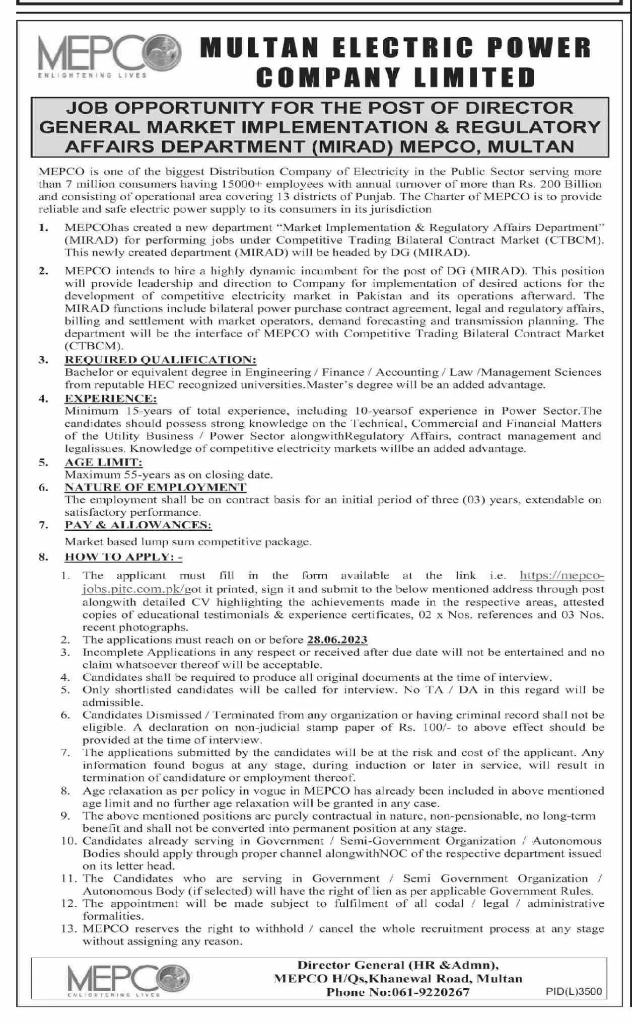 Multan Electric Power Company MEPCO Multan Jobs 2023 – Multan Electric Power Company Limited Jobs 2023 — original advertisement