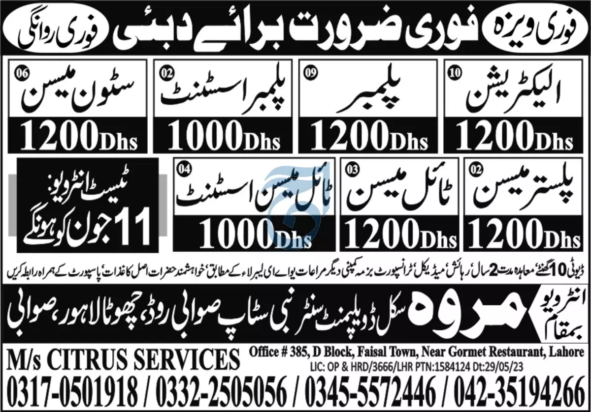 Plumber Plaster Mason & Electrician Jobs In Dubai 2023 – Citrus Services Overseas Jobs 2023 — original advertisement