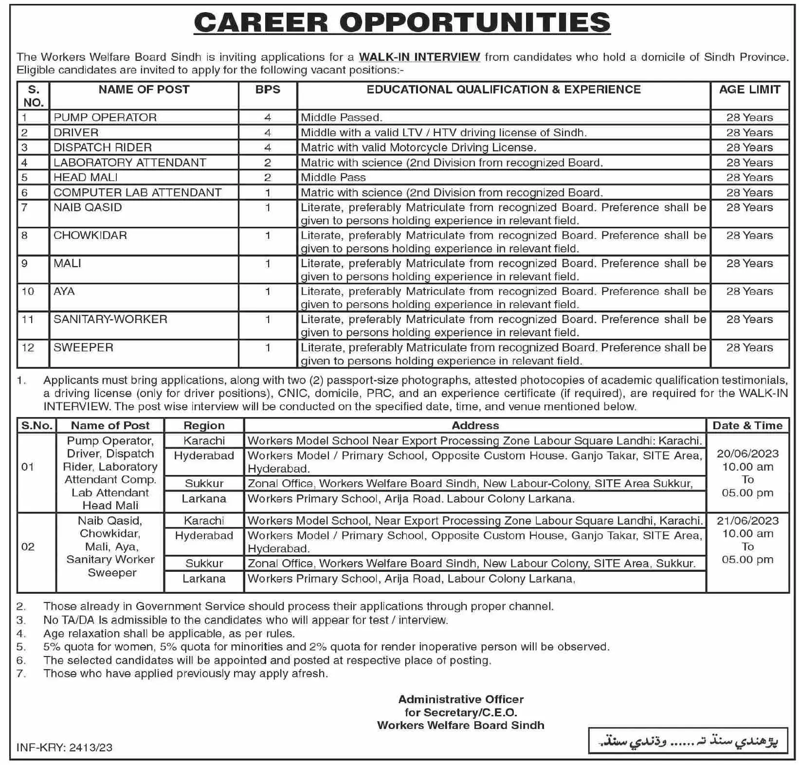 Workers Welfare Board Sindh Karachi Jobs 2023 Jobs 2023 — original advertisement