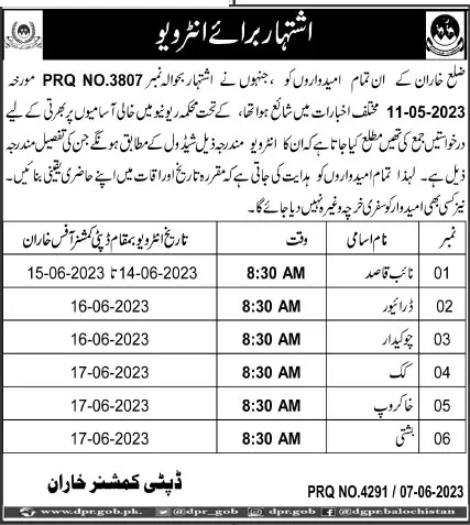 Deputy Commissioner Kharan Test interview 2023 – Revenue Department Balochistan Jobs 2023 — original advertisement